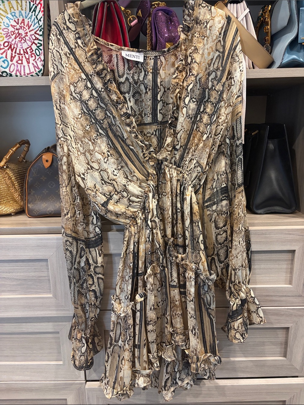 MENTI Snake Print Wrap Dress in Beige and Black